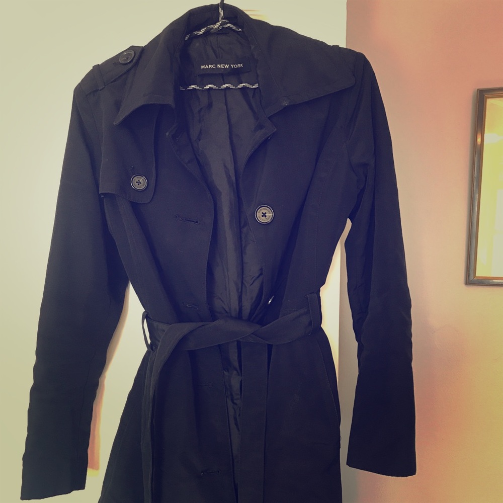 Well constructed black, belted, lined rain trench